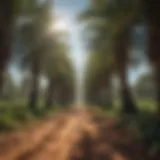 A lush palm oil plantation under a clear blue sky