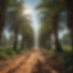 A lush palm oil plantation under a clear blue sky