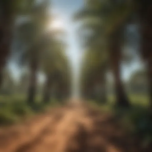 A lush palm oil plantation under a clear blue sky