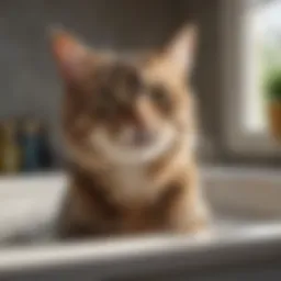 A serene cat enjoying a bath with antiseptic shampoo, highlighting feline comfort.