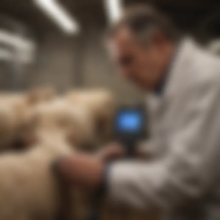 Veterinarian using infrared thermometer on livestock