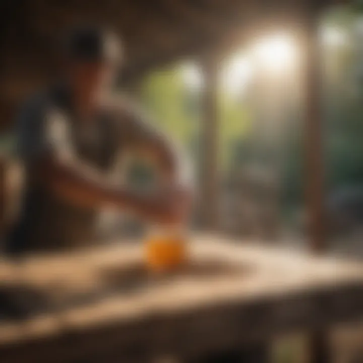 Farmers applying wood preservative to wooden structures