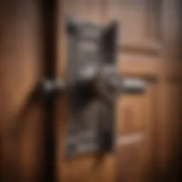 Close-up of a barn door bolt latch showcasing intricate design details