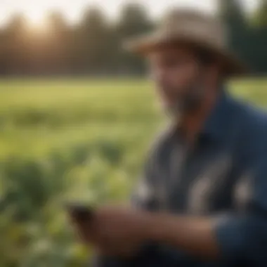 A farmer listening to a podcast in a field