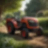 Compact tractor maneuvering through a lush garden