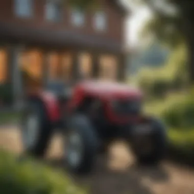 A compact tractor parked next to a farmhouse