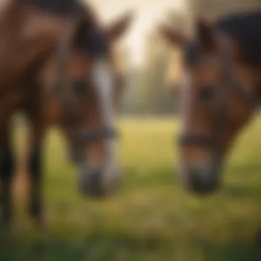 Horses Grazing with Best Friend Muzzle in Pasture Horses using grazing muzzles in a pasture setting
