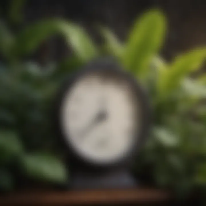 A hygrometer placed among indoor plants