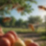 A close-up view of fruit fly bombs deployed in an orchard.