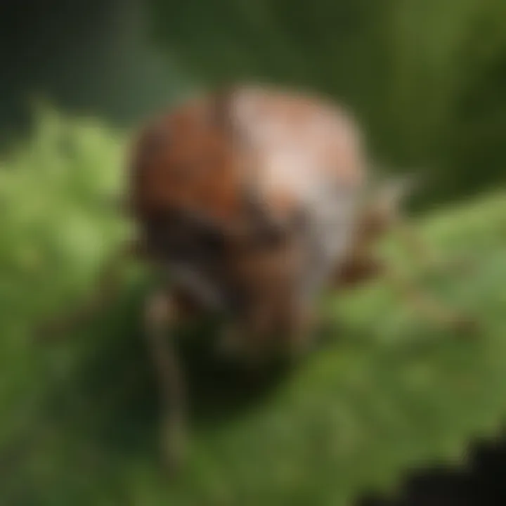 Close-up view of brown marmorated stink bug on a leaf