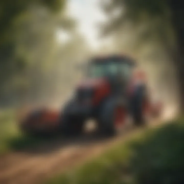 Illustration of tractor equipped with brush clearing tools in action