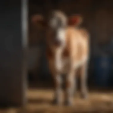 Calf being warmed by heater in a barn setting