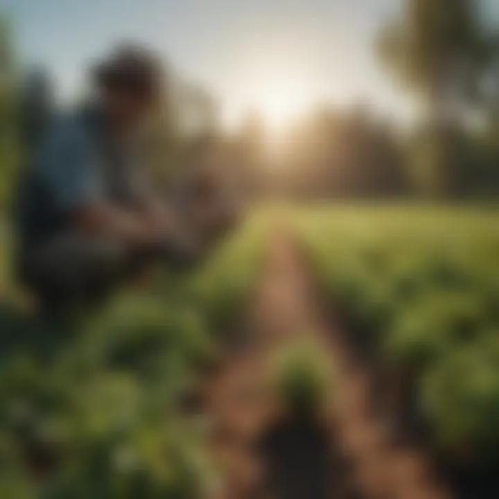 Farmers examining clover plants for pest management