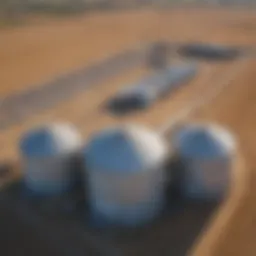 Aerial view of a large grain storage facility featuring a 40000 bushel grain bin