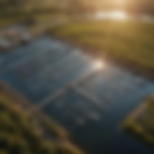 An aerial view of a well-structured fish farm in a serene landscape.