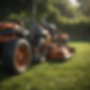 A variety of lawn care tools arranged neatly