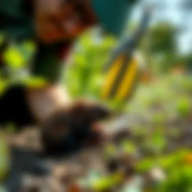 Application of mole insecticide in a garden setting