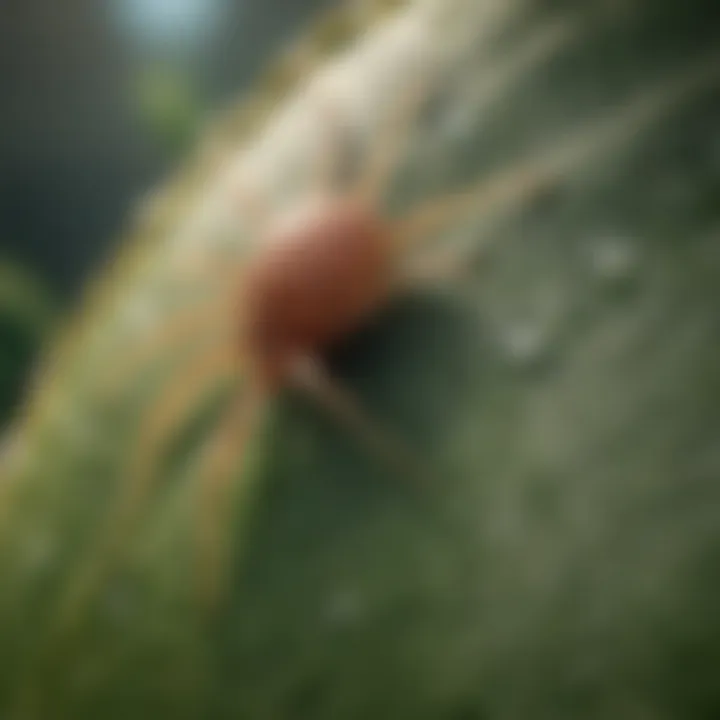 Close-up of spider mite infestation on a leaf