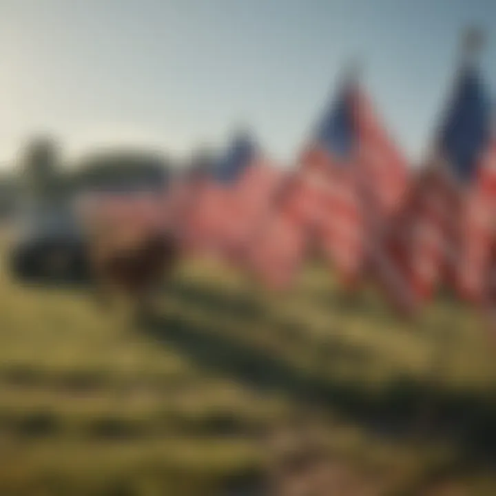 Vibrant custom cattle sorting flags in an open pasture.