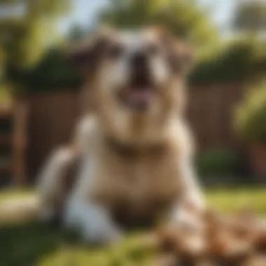A dog enjoying a natural rawhide chew in a sunny garden