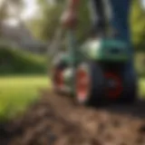 Aeration tool in use on a vibrant lawn