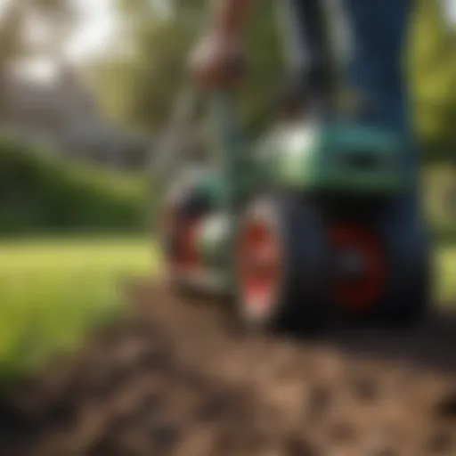 Aeration tool in use on a vibrant lawn