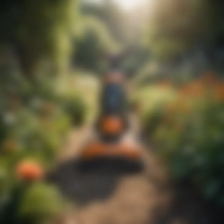 Electric start trimmer amidst flowering plants