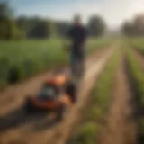 Electric start walk behind trimmer in action on a farm