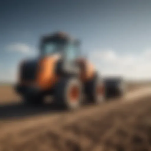 A large skid steer operating in a vast agricultural field