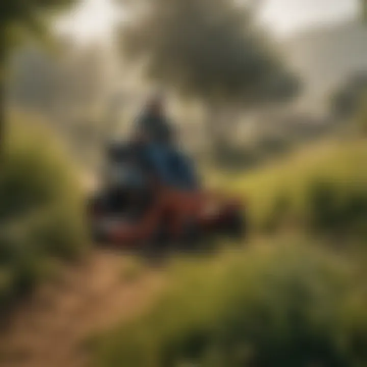 ZTR mower maneuvering through a densely landscaped area