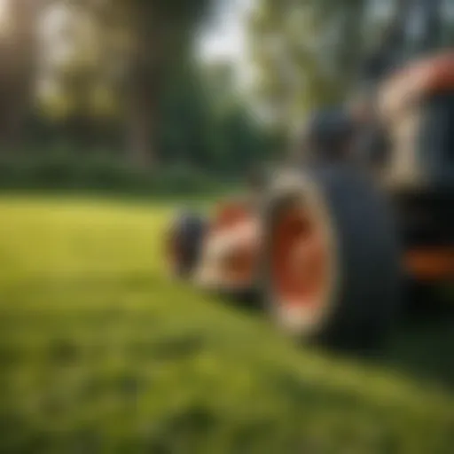 Close-up of a walk-behind lawn mower on a lush green lawn.