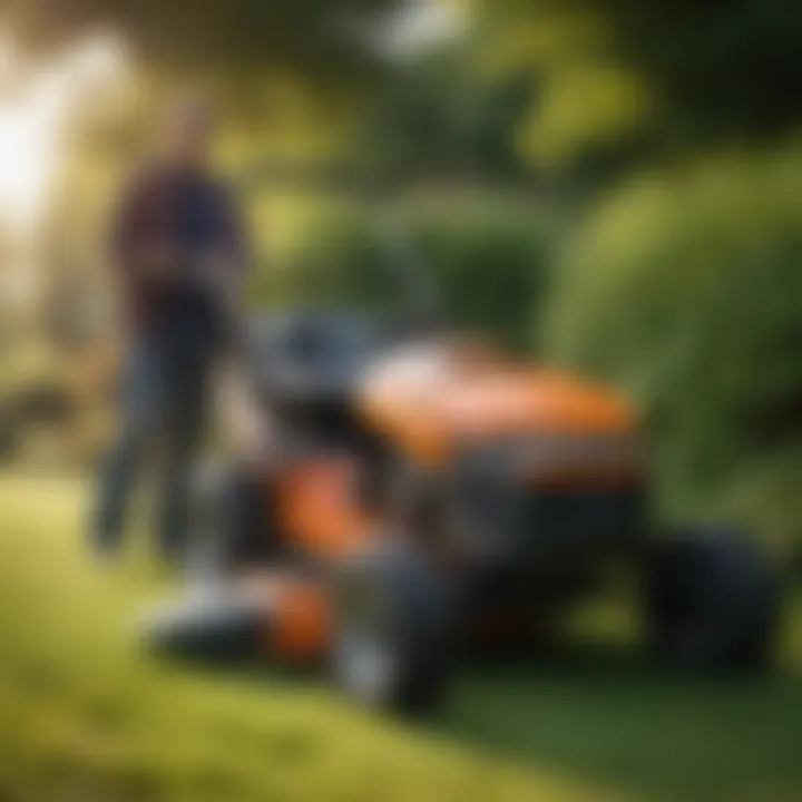 A person inspecting the features of a walk-behind mower.