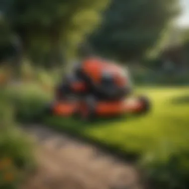 A vibrant garden maintained with a walk-behind lawn mower.