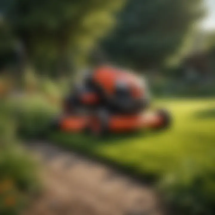 A vibrant garden maintained with a walk-behind lawn mower.
