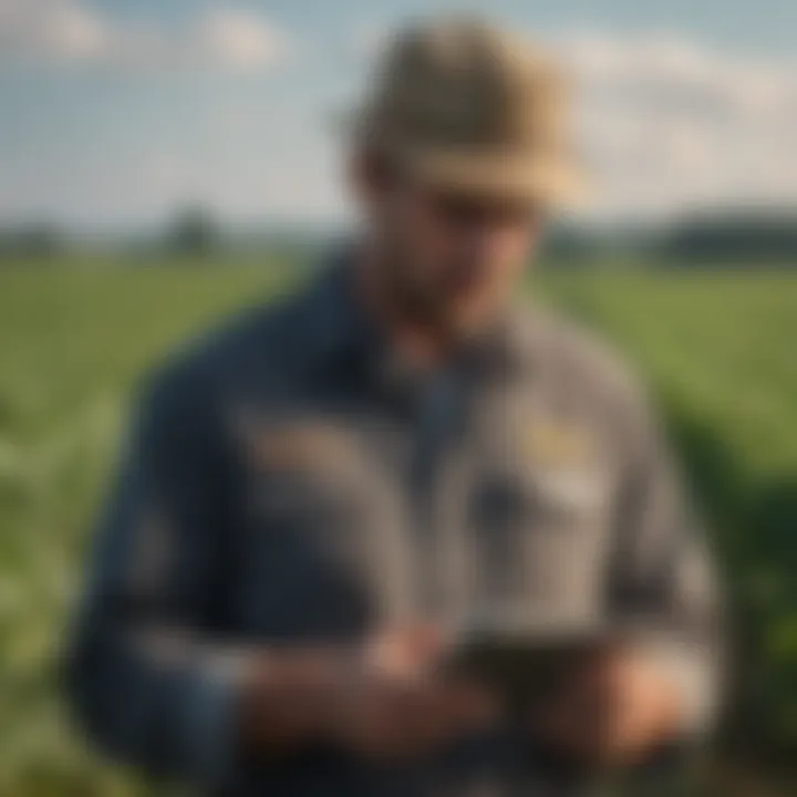 A farmer analyzing crop data on a tablet in a field