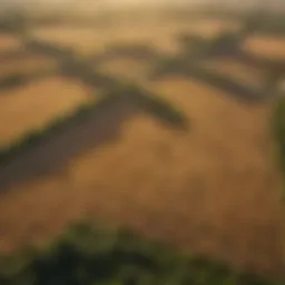 Aerial view of vast farmland under golden sunlight