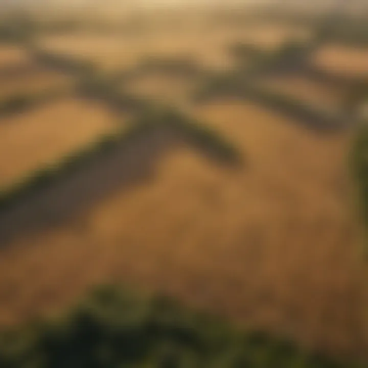 Aerial view of vast farmland under golden sunlight