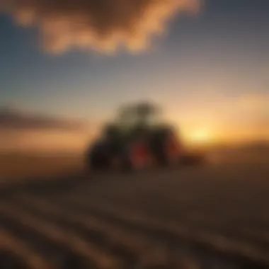 Dramatic sunset over a field with a tractor silhouette