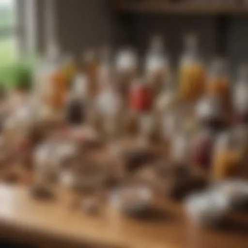 A diverse range of veterinary products displayed on a wooden table