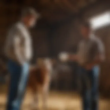 Farmers discussing animal health management strategies in a barn