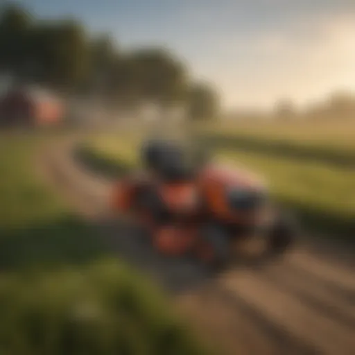 A powerful diesel riding mower in action on a vast farm landscape.