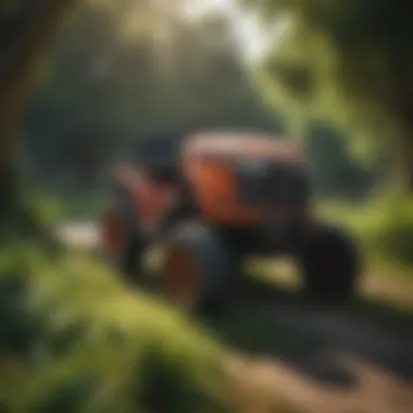 A well-maintained diesel riding mower parked amidst lush greenery.