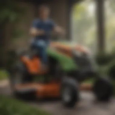 Technician performing maintenance on a riding mower