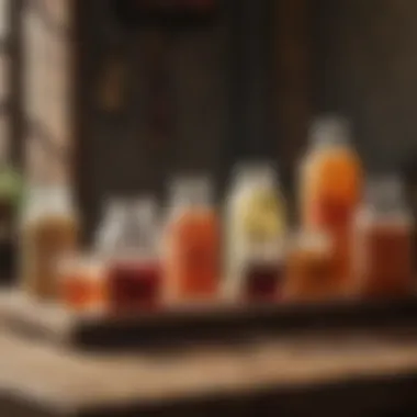 Various fermented drinks displayed on a rustic wooden table.