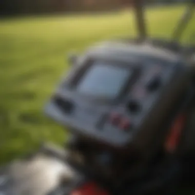 Close-up of the control panel of a stand-on riding lawn mower