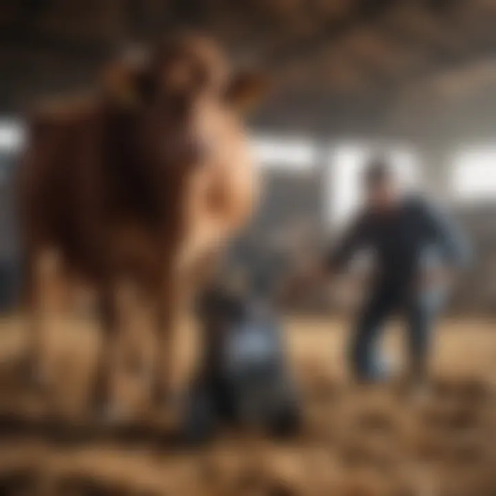 A farmer using cordless cattle clippers in a livestock barn for efficient grooming.