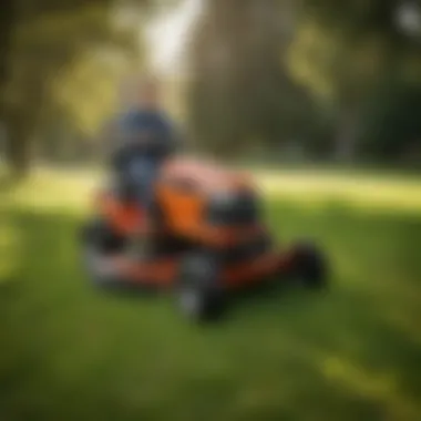 Stand-on riding lawn mower in action on a lush lawn