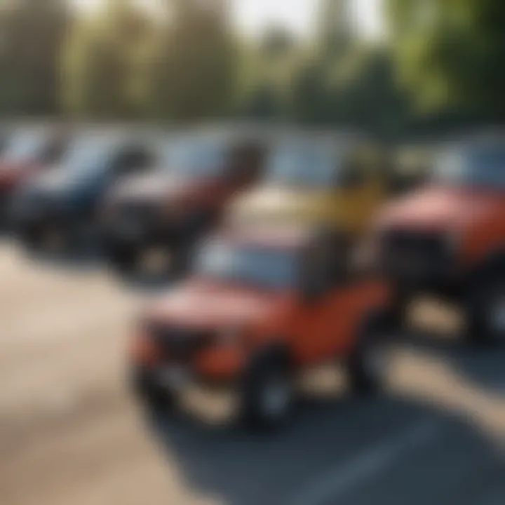 A comparison of different utility vehicles lined up in a dealership for agricultural use.