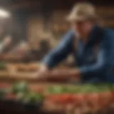 A farmer examining agricultural supplies with a promo code in hand