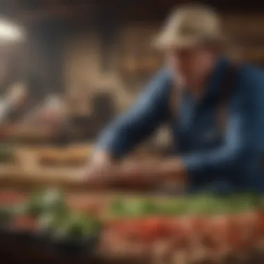 A farmer examining agricultural supplies with a promo code in hand